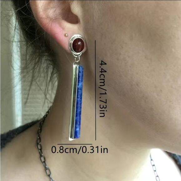 Handmade Silver Red Agate Lapis Lazuli Vintage Boho Long Vertical Earrings - Picture 5 of 5